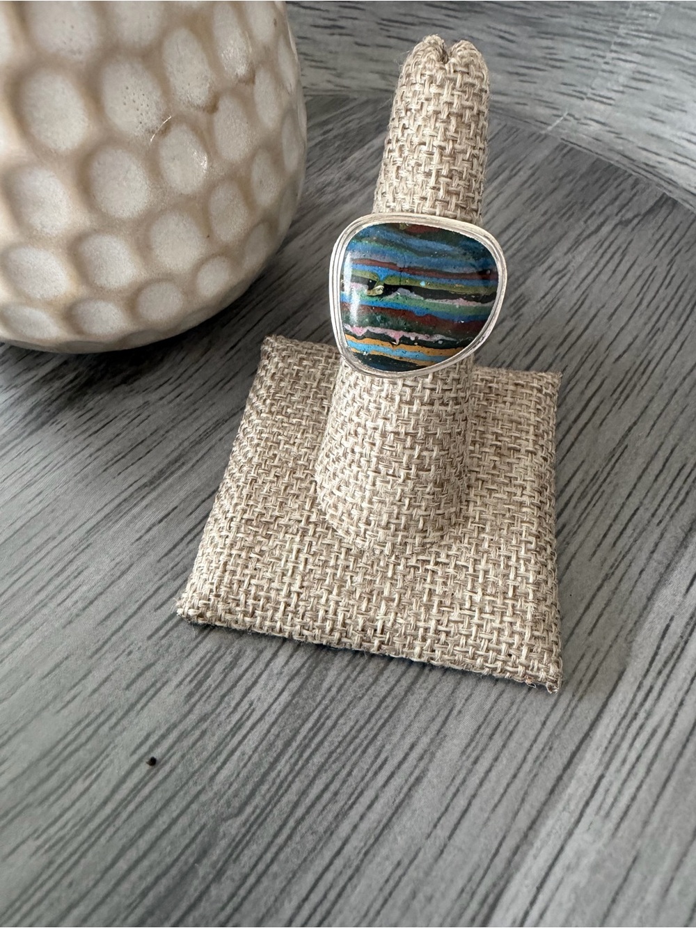 Multicolor Striped Rainbow Calsilica Sterling Silver Statement Ring Size 8